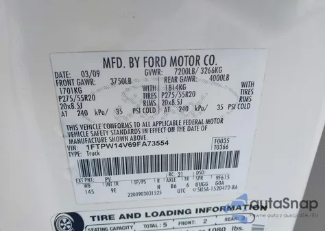 2009 Ford F-150 Fx4/King Ranch/Lariat/Platinum/Xl/Xlt z USA, uszkodzony, nr VIN 1FTPW14V69FA73554